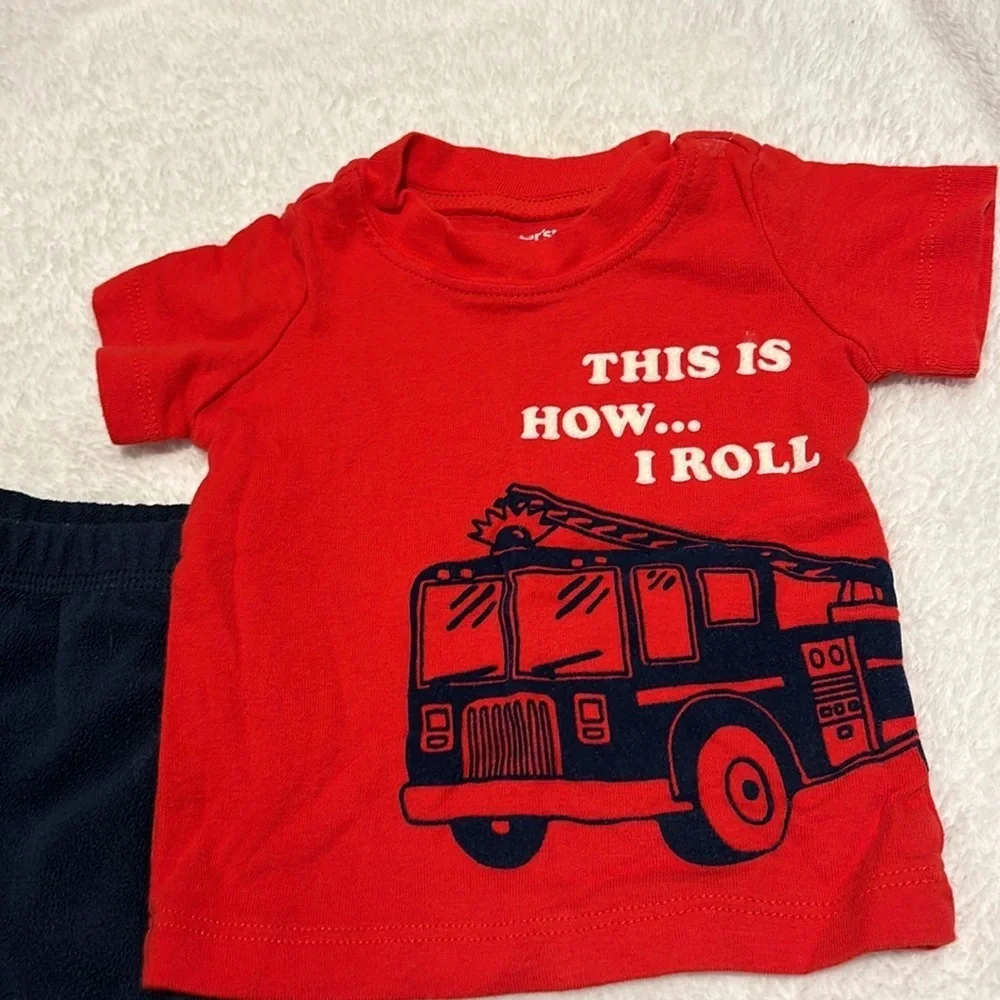 3 month carters baby outfit with fire truck “this is how I roll”. Red and blue